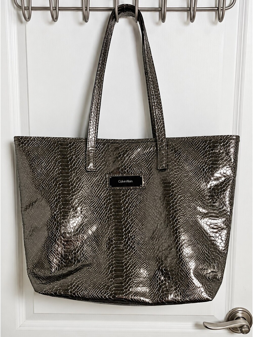 Calvin Klein Metallic Snakeskin Tote Bag Gunmetal Silver Large Shoulder Purse